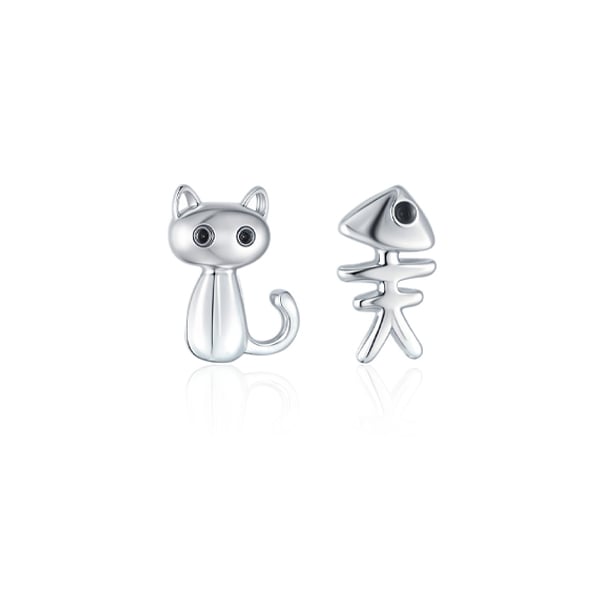貪吃貓咪與魚骨頭 不對稱 耳針/無耳洞黏貼式耳環