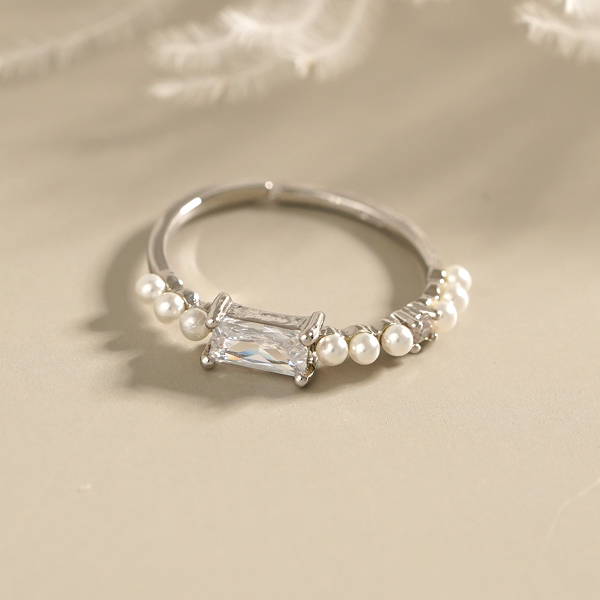 清奢氣質珍珠方鑽開口戒指
