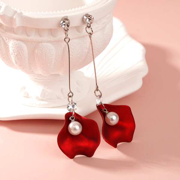 一字珍珠玫瑰花瓣 耳針/無耳洞黏貼式耳環