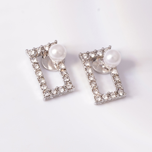 氣質珍珠簍空鑲鑽方形 無耳洞黏貼式耳環