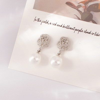 銀光淡雅玫瑰珍珠 無耳洞黏貼式耳環