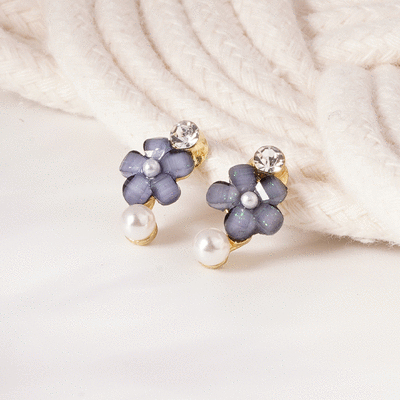 氣質鑲鑽珍珠花朵 無耳洞黏貼式耳環