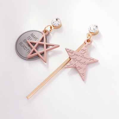 日系少女粉色五角星不對稱 耳針/無耳洞黏貼式耳環