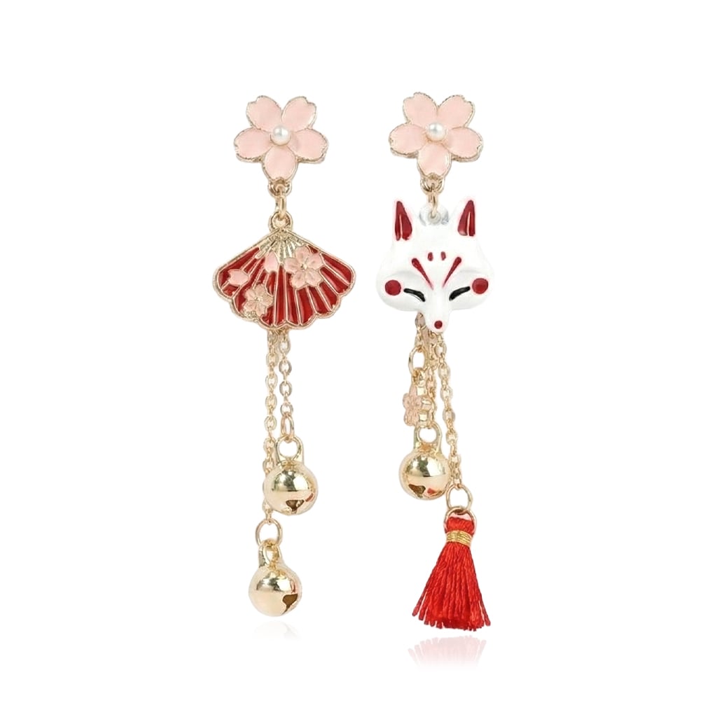 可愛狐狸系列-日系櫻花珍珠扇子 耳針/無耳洞黏貼式耳環