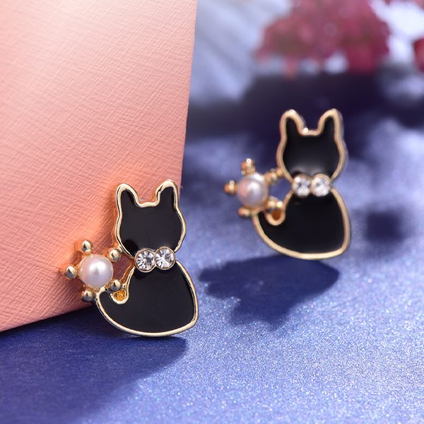 優雅珍珠小黑貓 耳針/無耳洞黏貼式耳環