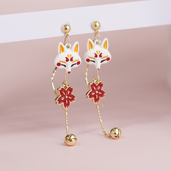 可愛狐狸系列-復古櫻花扇子 耳針/無耳洞黏貼式耳環