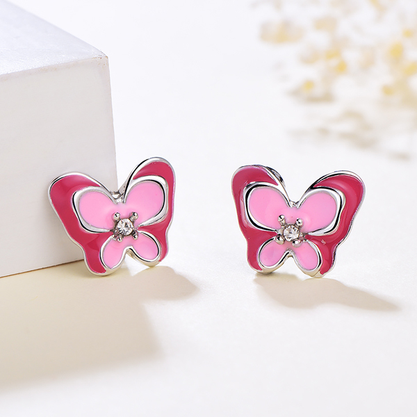 桃粉鑲鑽雙層蝴蝶 無耳洞黏貼式耳環