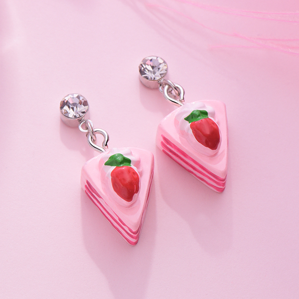 粉嫩草莓奶油蛋糕  無耳洞黏貼式耳環