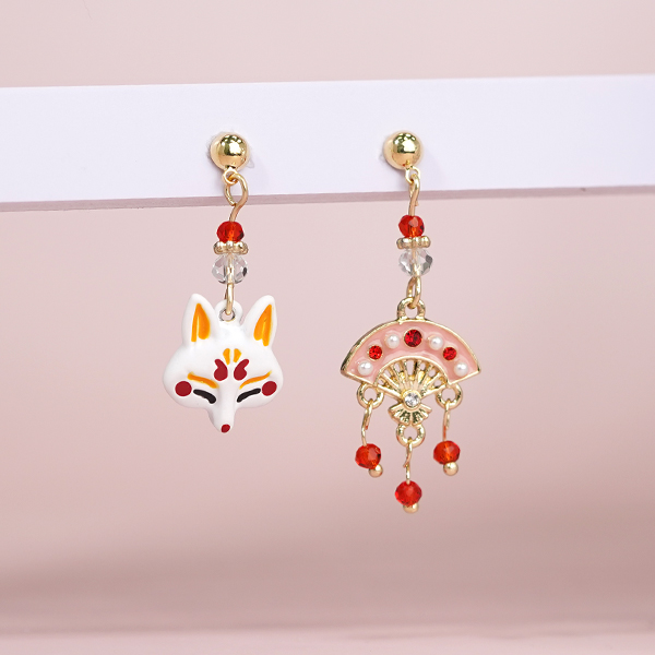 可愛狐狸系列-典雅扇子流蘇 耳針/無耳洞黏貼式耳環