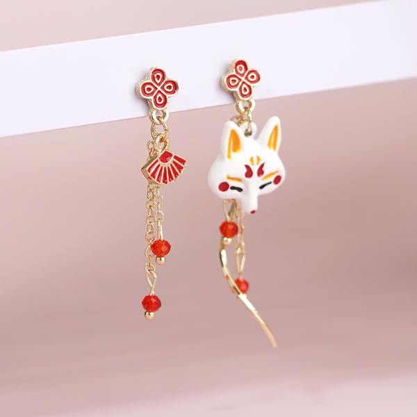 可愛狐狸系列-古風扇子 耳針/無耳洞黏貼式耳環